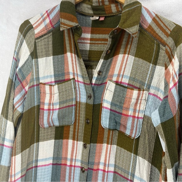 Pilcro Tunic Button Up Shirt Duster Green Plaid Long Sleeve Anthropologie Sz XS - Picture 3 of 8